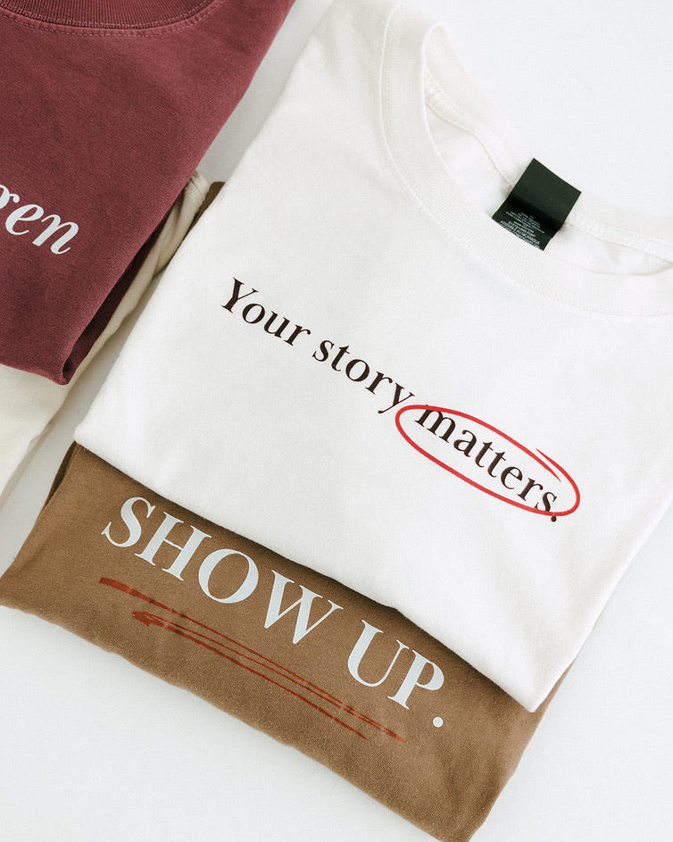 Vinyl Quote "Show Up" T-Shirt in Vintage Brown