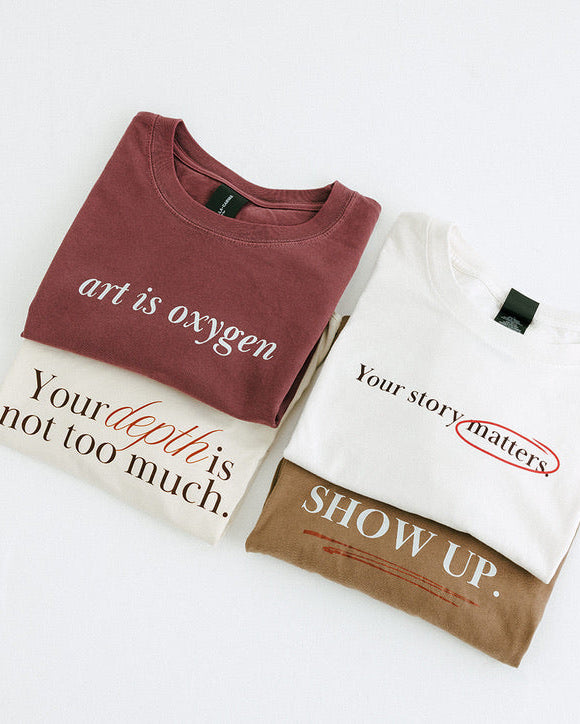 Vinyl Quote "Your Depth is Not Too Much" T-Shirt in Vintage White