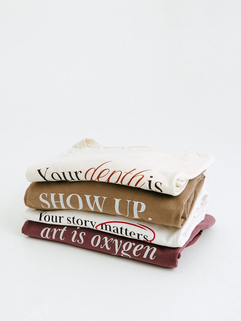Vinyl Quote "Show Up" T-Shirt in Vintage Brown